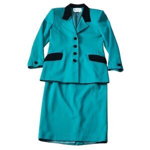 Oleg Cassini Green Black Collar Blazer Skirt Set Size 10